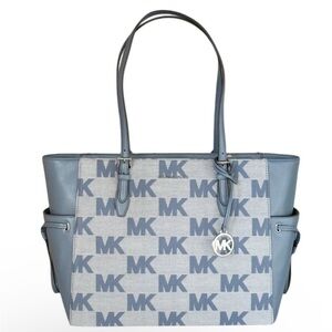 Michael Kors Gilly Large Drawstring Tote Shoulder Bag MK Graphic Logo Denim NWT